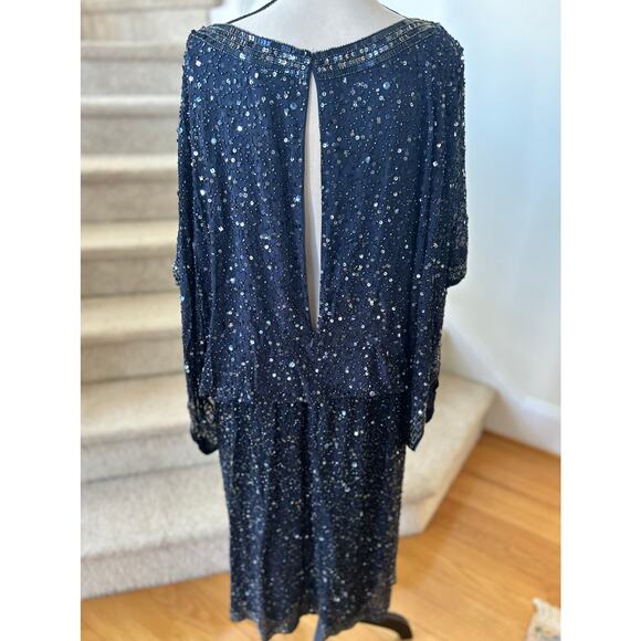 Patra Navy Beaded Silk Draped Scoop Neck Cocktail Dress - Picture 3 of 9